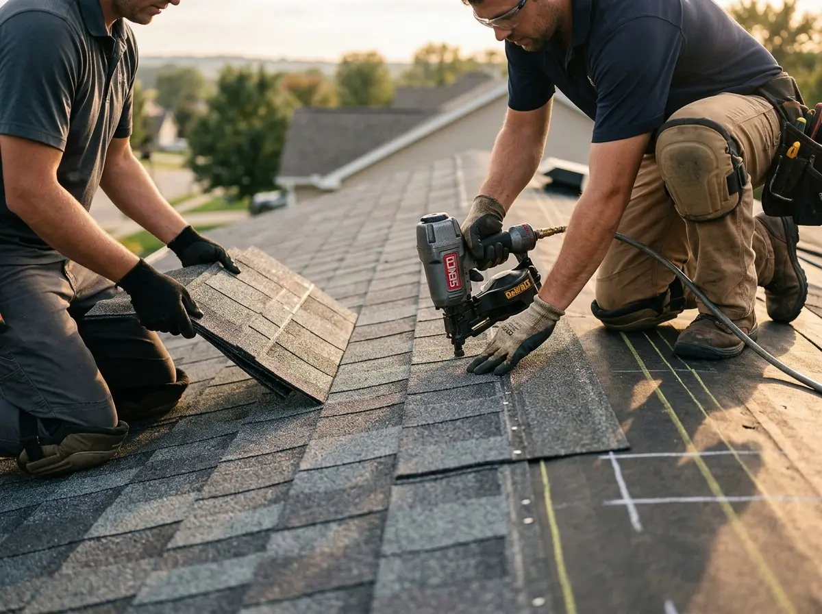 Professional roofer working on a residential roof in Winters